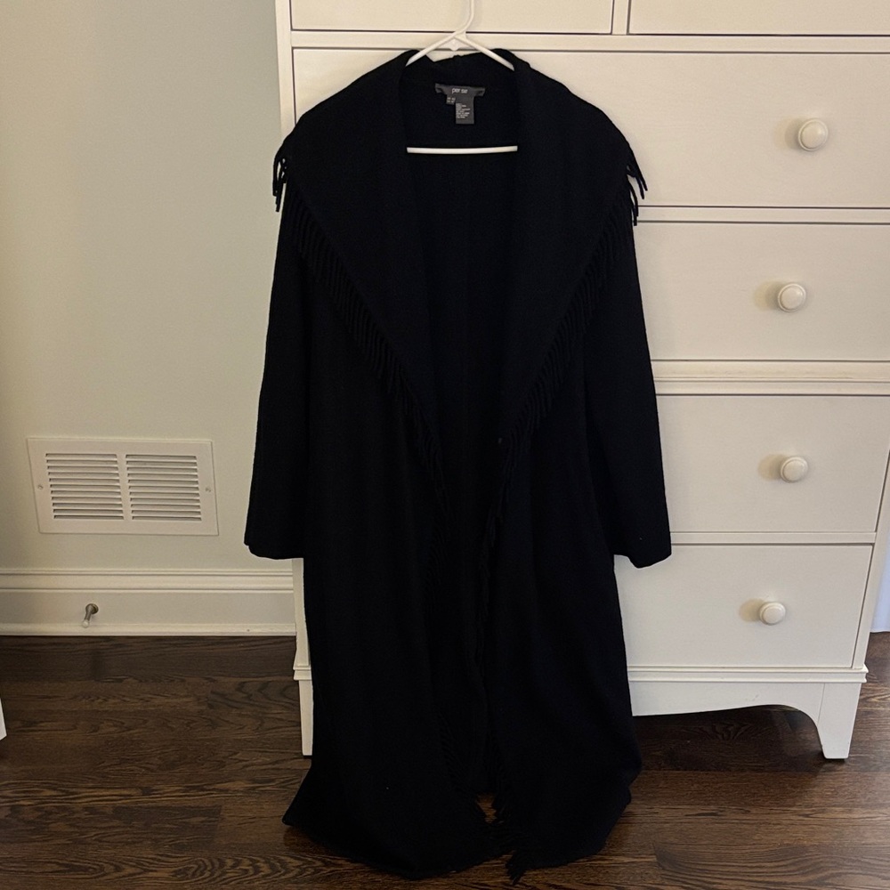 Per Se Fringed Black 100% Wool Coat